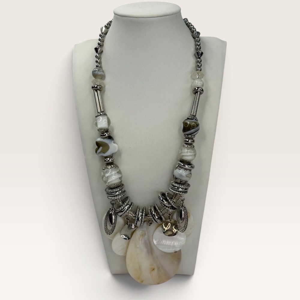 Silver Tone Mother of Pearl Shell Bib Statement Necklace Beaded Boho Beach Y2K